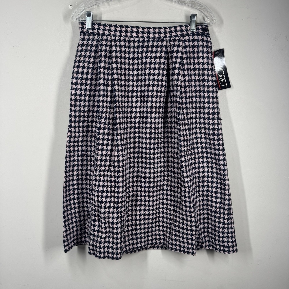 NWT Vtg KORET Navy Blue Pink Houndstooth Skirt Pockets Women's Sz 14 Wool Blend